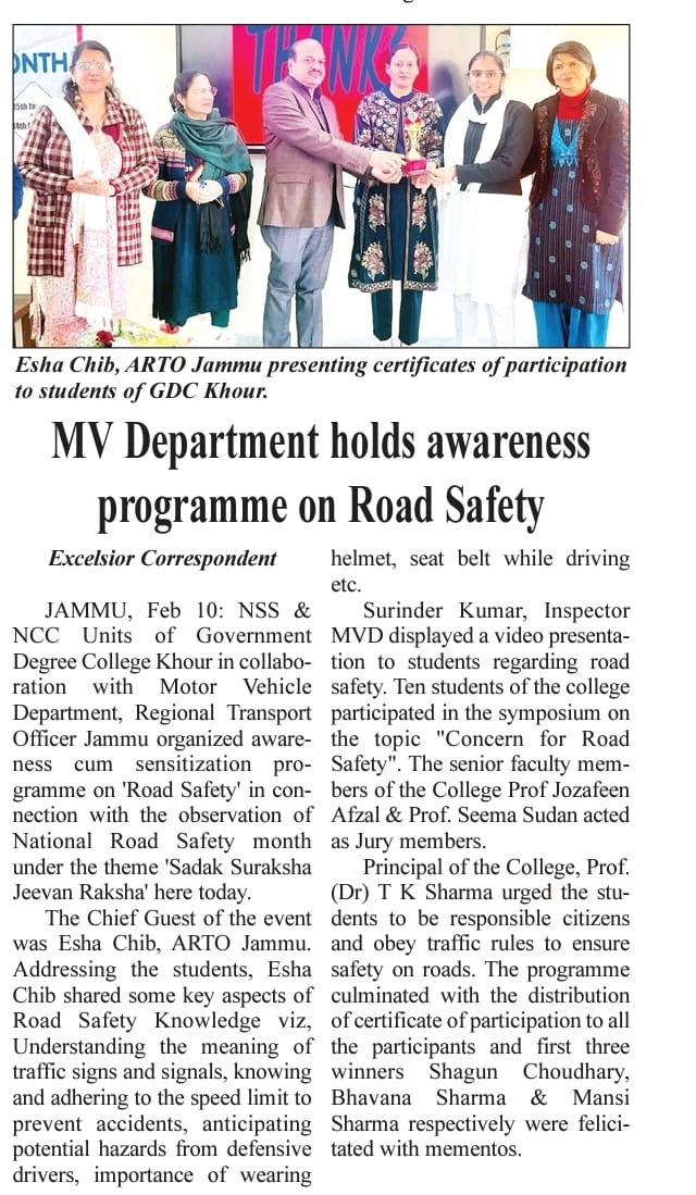 Motor vehicle Department  Jammu holds awareness program on Road Safety 